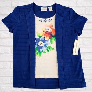 *SOLD* Alfred Dunner Floral Top With Attached Blue Jacket Short Sleeve Medium